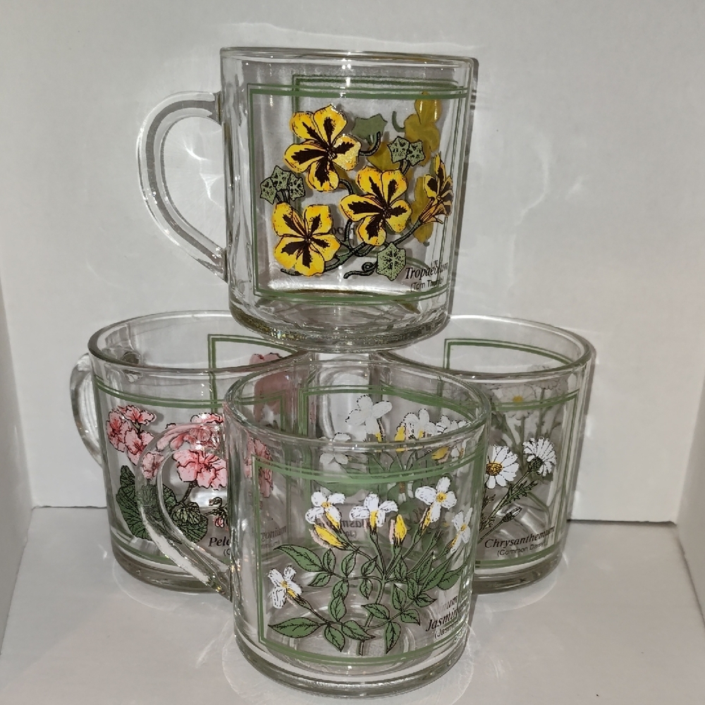 Botanical Glass Mugs, Tom Thimb, Jasmine, Daisy, Geranium Floral Vintage MCM